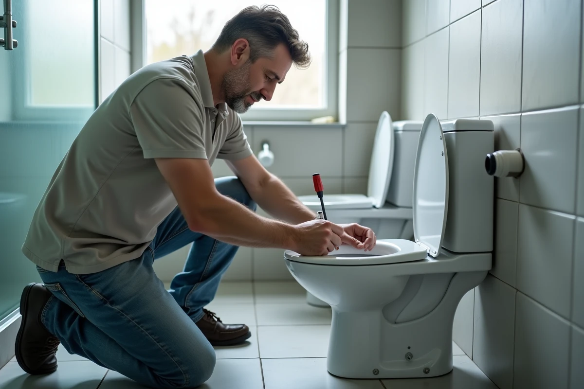 Homme répare une toilette avec un tournevis dans la salle de bain