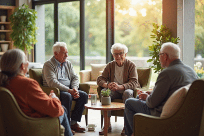 Salon convivial pour seniors avec lumière naturelle et mobilier moderne