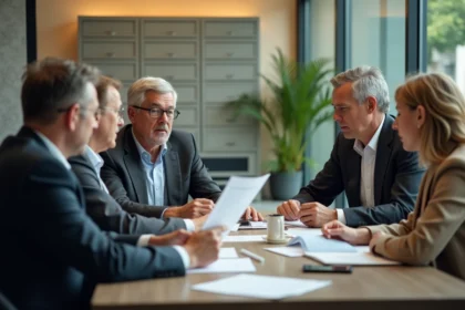 Groupe de professionnels en réunion dans un hall lumineux
