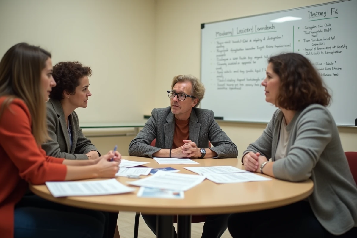 Réunion de groupe autour de formulaires SYPLO dans une salle communautaire pour l'accès au logement prioritaire