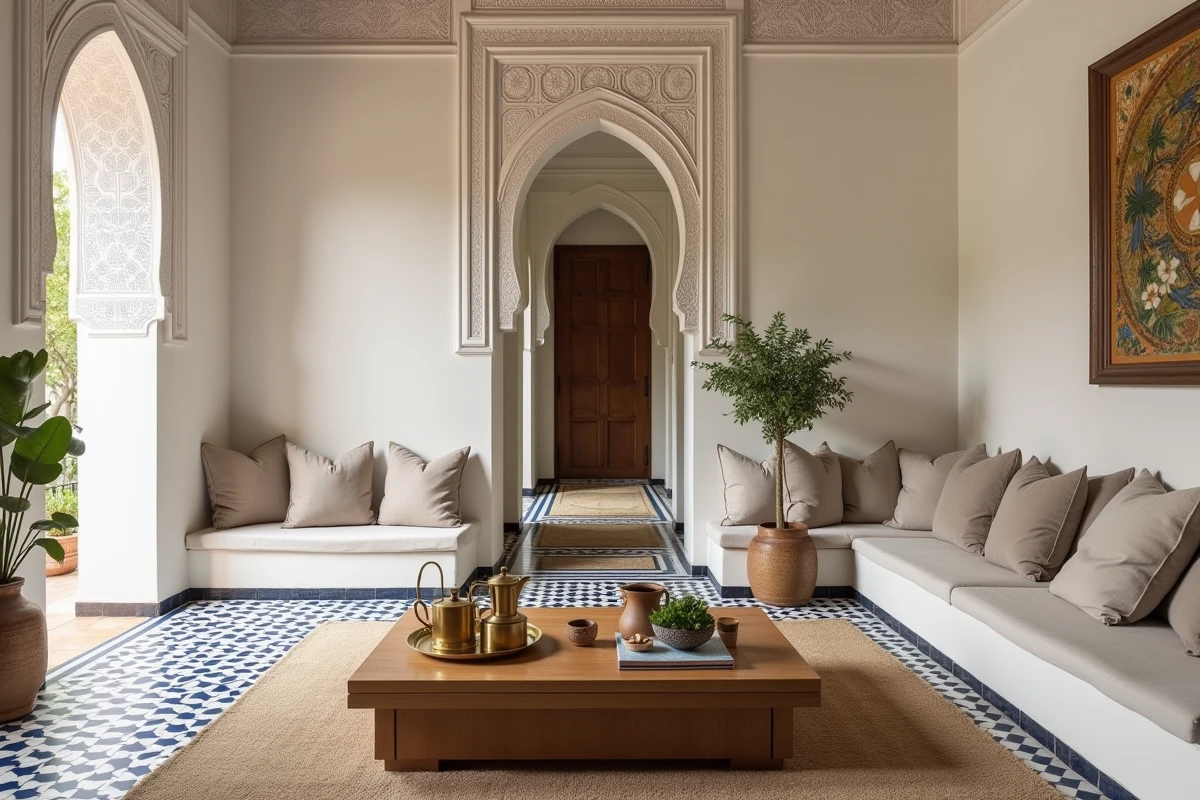 Salon luxueux d'un riad clé en main entièrement rénové à Marrakech avec carrelage zellige et décoration traditionnelle