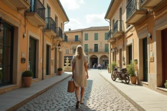 Rue commerçante typique d'un quartier de Bergerac avec immeubles en pierre calcaire et boutiques locales