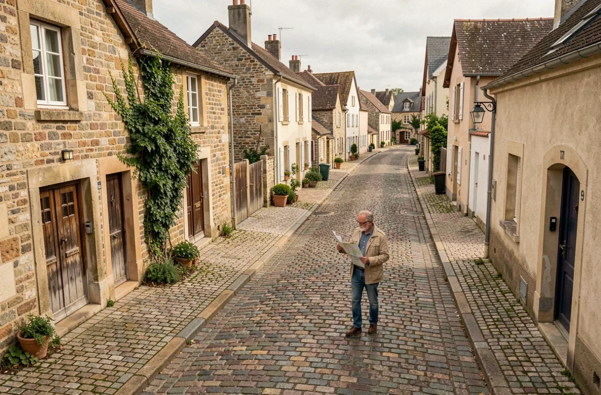 Homme explorant une rue de village français avec des maisons en pierre à vendre dans une région rurale