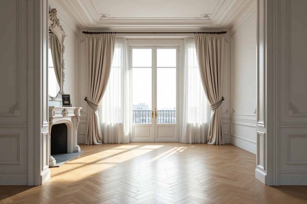 Grand salon vide d'un appartement haussmannien de prestige avec parquet en point de Hongrie, cheminée en marbre et hautes fenêtres pour une estimation immobilière