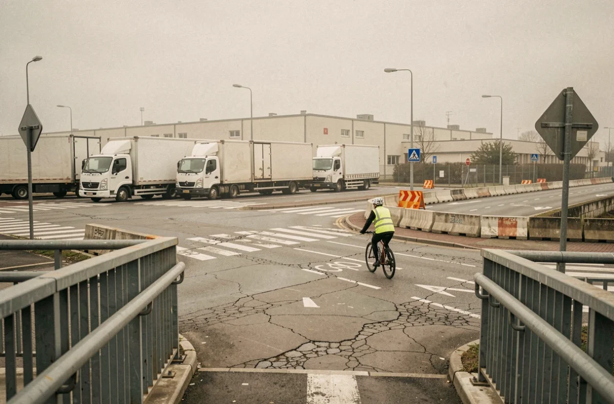 Cycliste naviguant sur une piste cyclable dégradée avenue de l'industrie, signalisation absente et camions stationnés visibles