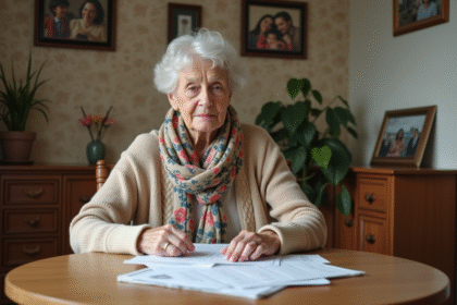 Femme senior lisant des documents de location dans son appartement