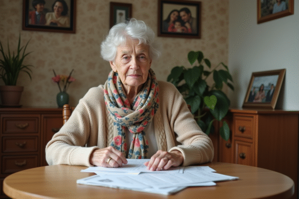 Femme senior lisant des documents de location dans son appartement