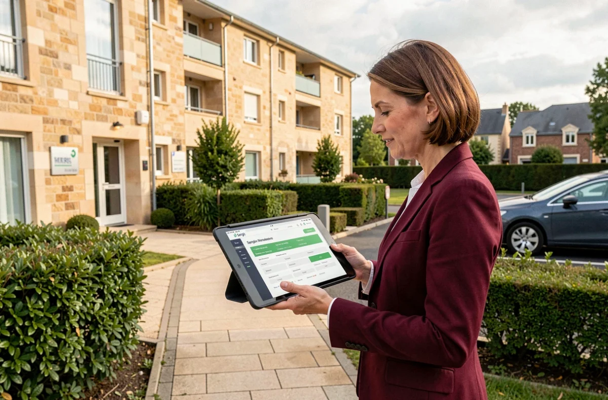 Gestionnaire de copropriété Sergic réalisant une visite de contrôle devant un immeuble résidentiel des Yvelines avec une tablette affichant l'interface de gestion