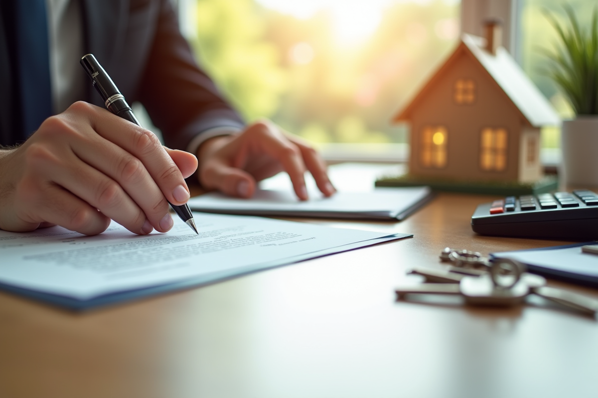 Mains signant un contrat immobilier avec clés et calculatrice