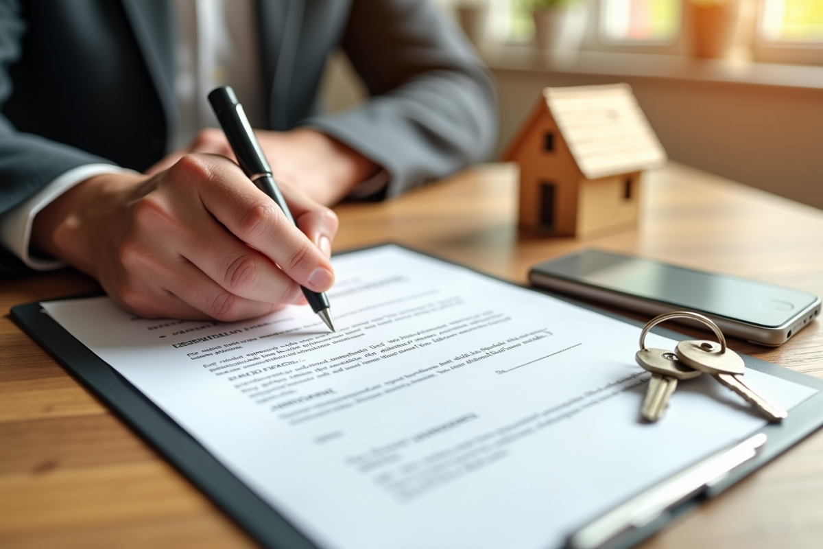 Mains signant un contrat de garantie locative avec clés et maquette de maison sur la table