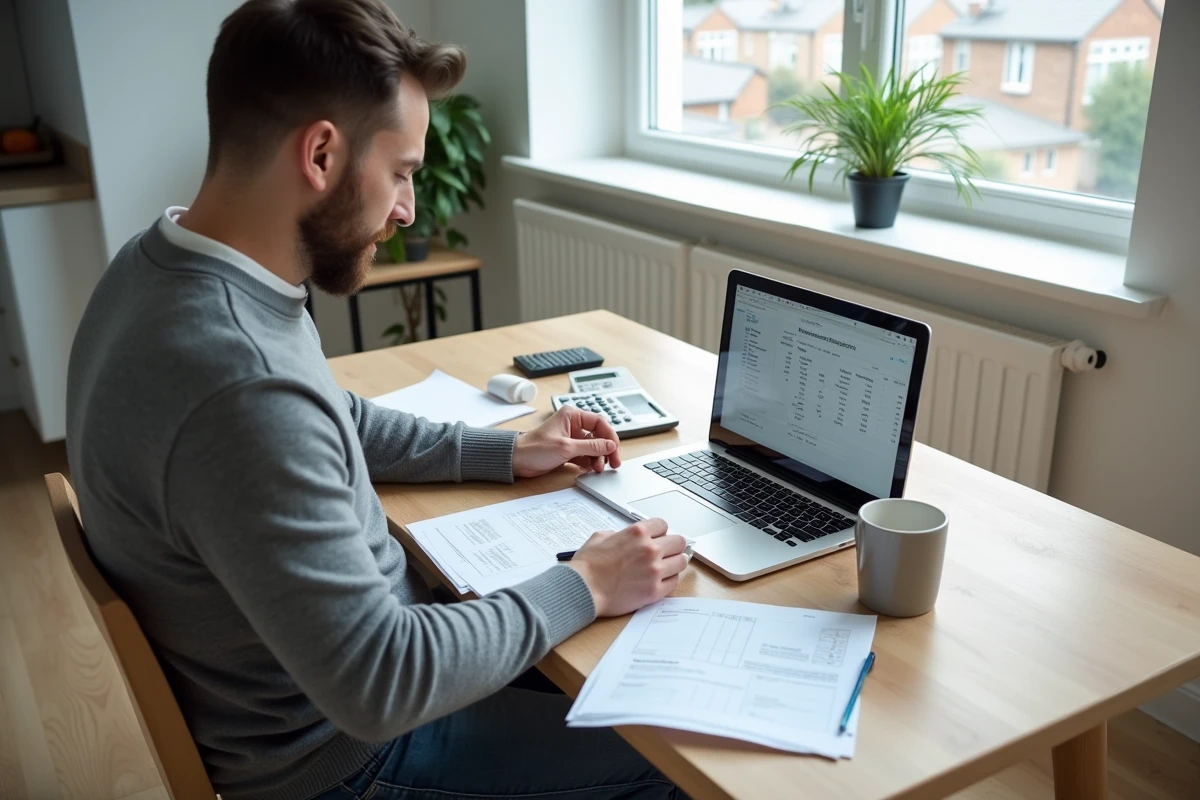Homme consultant des documents financiers et un ordinateur portable pour simuler les conditions de revente d'un logement acquis avec le prêt à taux zéro en 2026