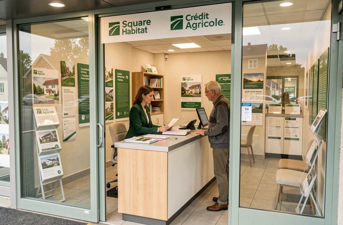 Conseillère Square Habitat et Crédit Agricole Yvelines en consultation avec un copropriétaire dans une agence moderne aux couleurs des deux enseignes