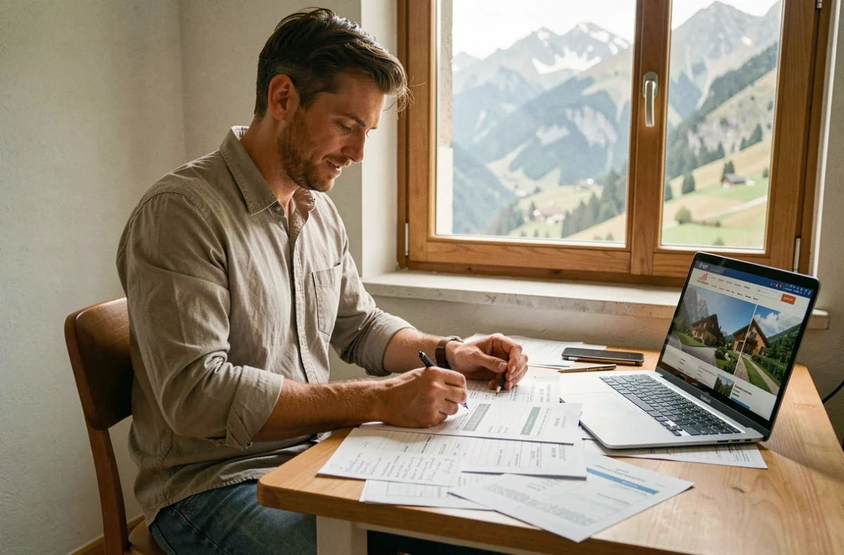 Homme consultant des annonces immobilières et un budget sur un bureau dans un appartement en Andorre, illustrant les stratégies d'achat immobilier à petit budget