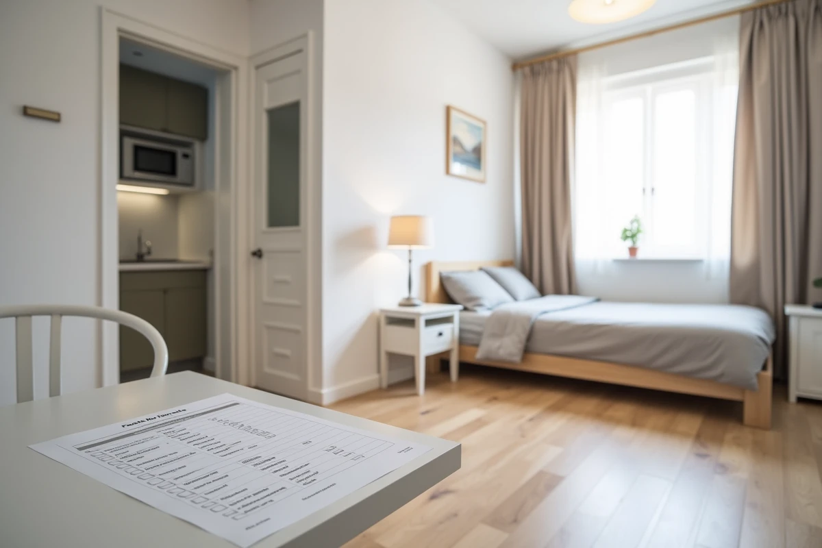 Intérieur d'un studio meublé conforme au décret de location avec liste de mobilier obligatoire posée sur la table