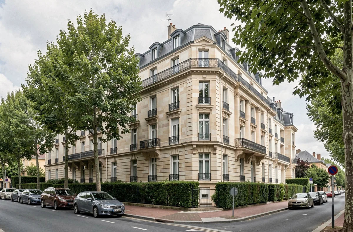 Immeuble de copropriété typique des Yvelines avec façade en pierre et balcons en fer forgé, représentant le marché de la gestion immobilière dans la région