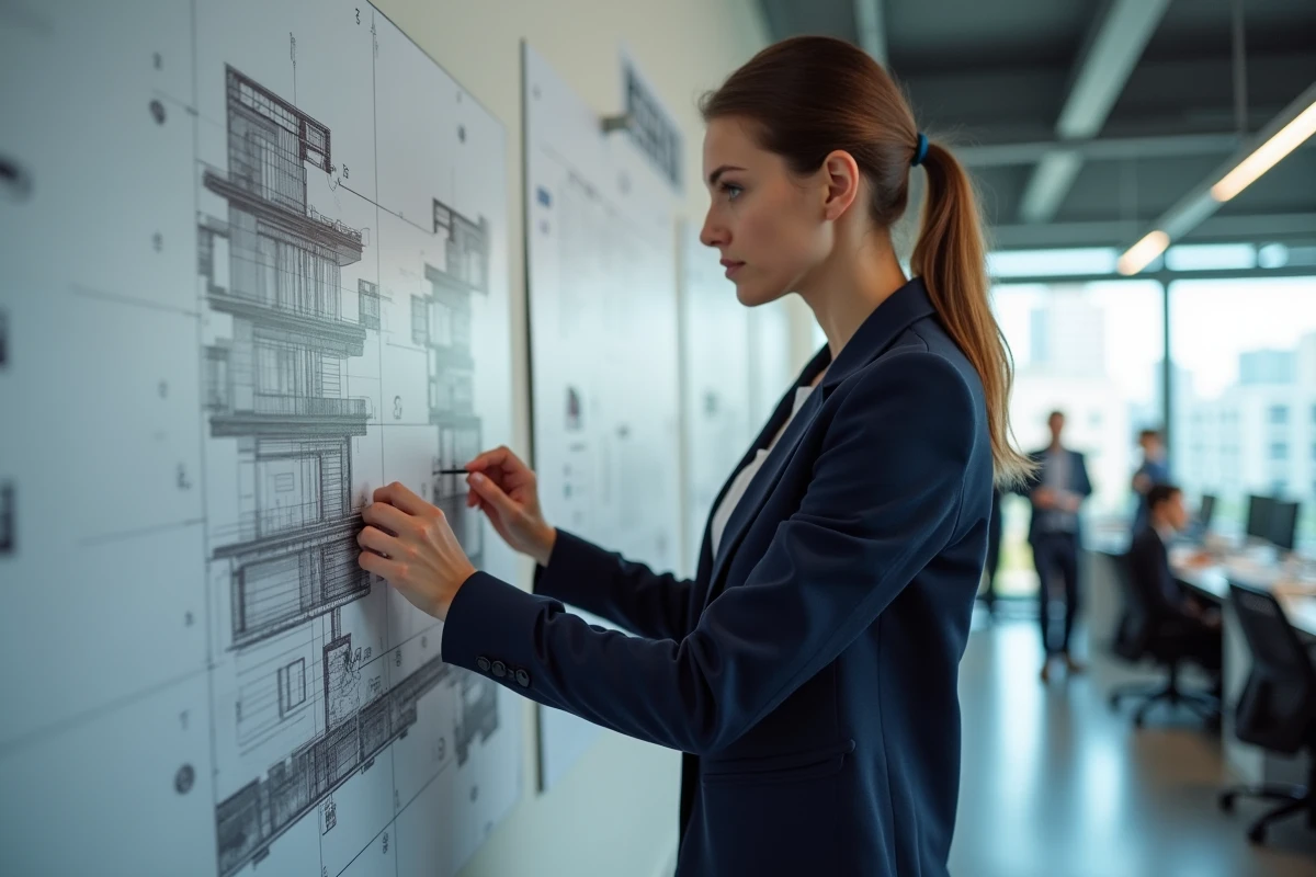 Urbaniste affichant un plan en coupe à l'échelle d'un terrain et d'une construction sur un tableau de bureau