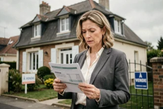 Vendeuse immobilière tenant une estimation de prix devant une maison française à vendre