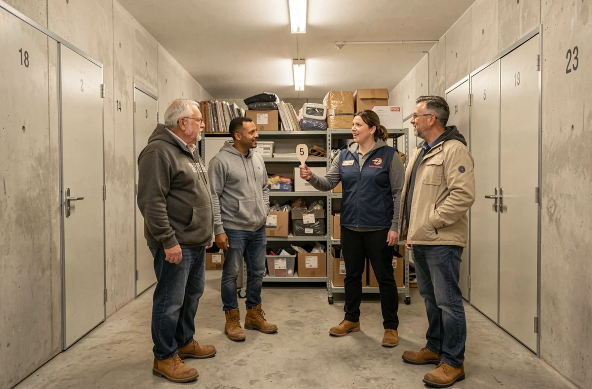 Groupe de personnes participant à une vente aux enchères de box de stockage dans un entrepôt intérieur avec une commissaire-priseur