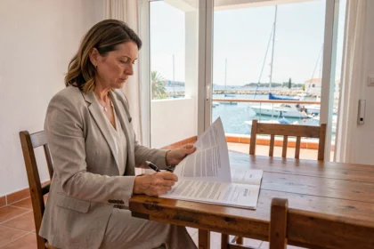 Femme examinant attentivement un contrat immobilier dans un appartement avec vue sur les canaux d'Empuriabrava avant de signer