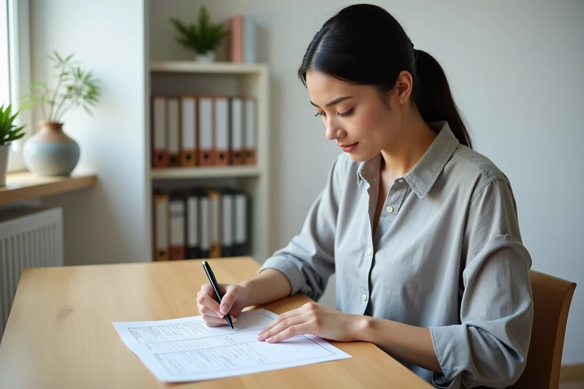 Femme vérifiant une liste de mobilier pour location meublée conforme au décret, stylo à la main sur un bureau en bois