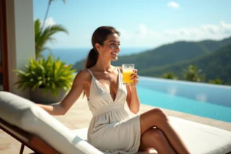 Femme en robe en lin relaxant au bord d'une piscine en Thaïlande