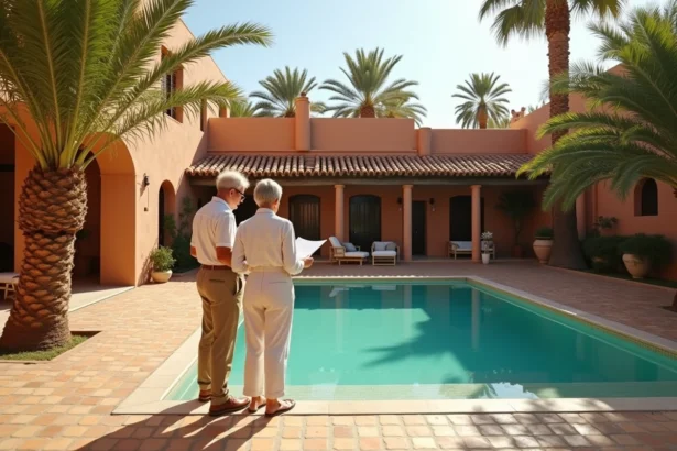 Couple inspectant une villa avec piscine à vendre à Marrakech entourée de palmiers et de carrelage en zellige traditionnel