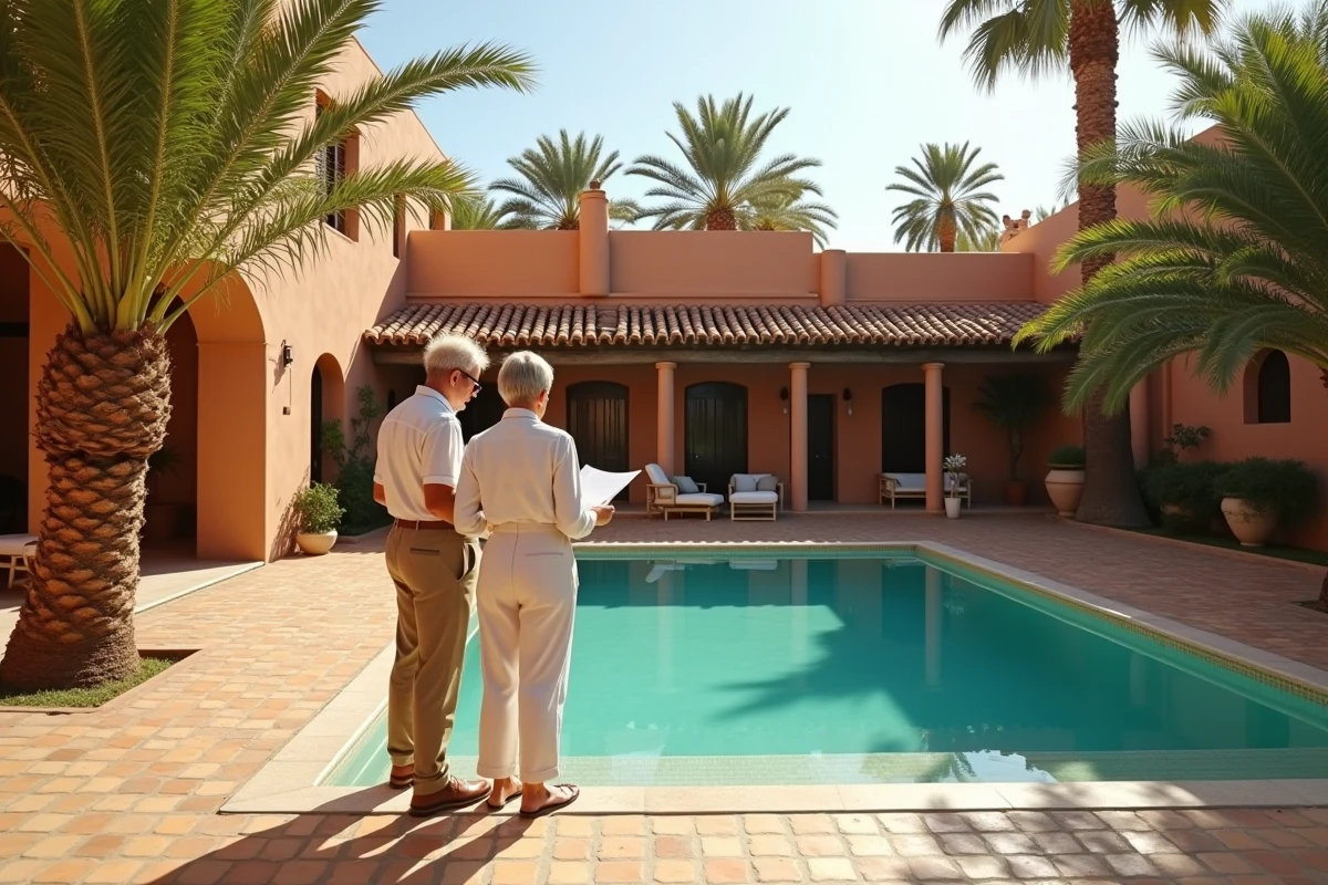 Couple inspectant une villa avec piscine à vendre à Marrakech entourée de palmiers et de carrelage en zellige traditionnel