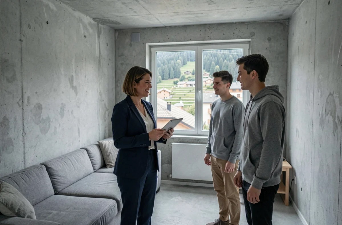Agent immobilier présentant un petit appartement non meublé à un couple en Andorre, avec vue sur les toits et les montagnes, pour illustrer l'achat immobilier avec un budget limité