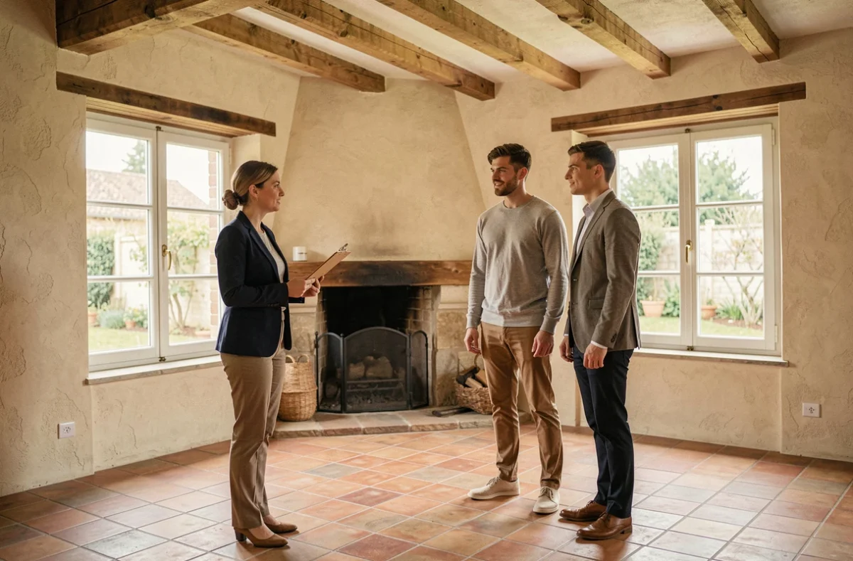 Agent immobilier présentant une maison à louer en Normandie à un couple lors d'une visite intérieure