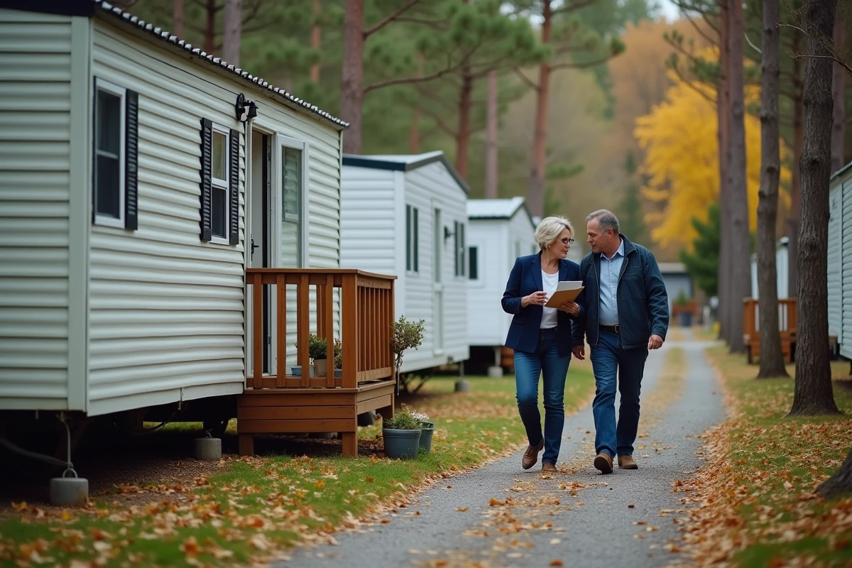 Agent immobilier et acheteur visitant des mobil homes d'occasion en vente dans un camping ouvert à l'année en automne