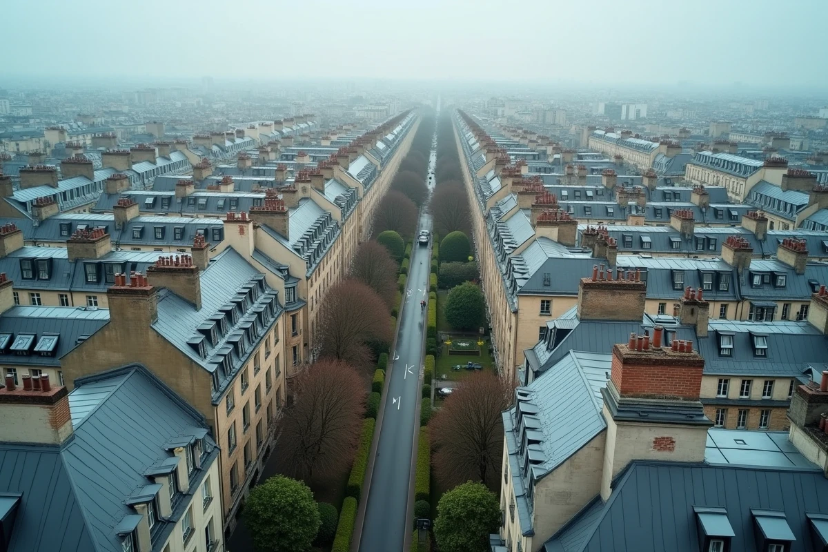 Vue aérienne contrastant les toits de Paris et les pavillons de la petite couronne illustrant l'évolution des prix immobiliers